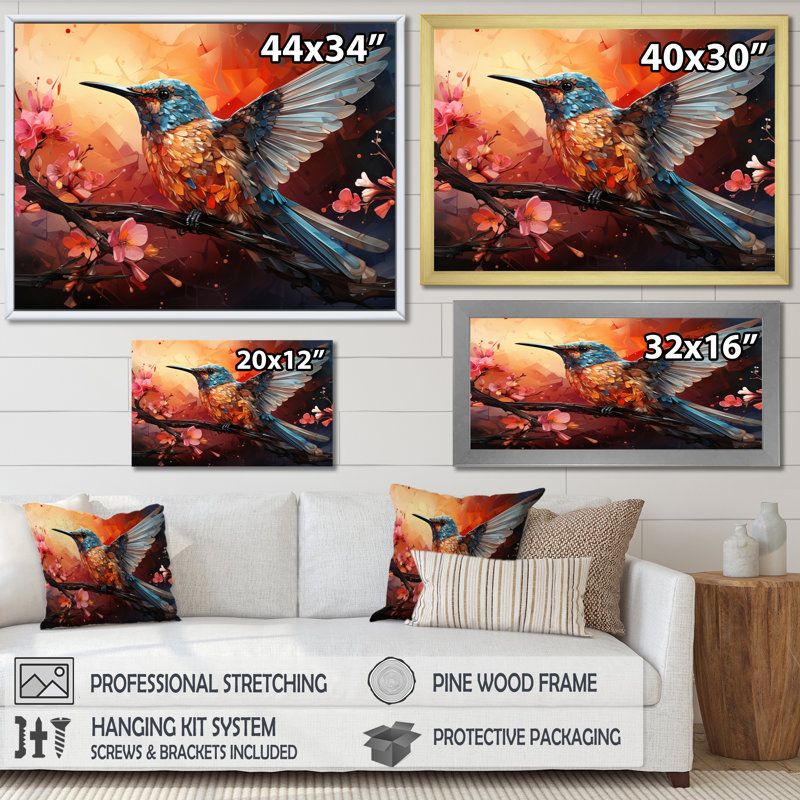 «Teal Orange Hummingbird Enchanting Hum Geometric I», reproduction d'art sur toile, H 24 po x l 32 po x P 1 po