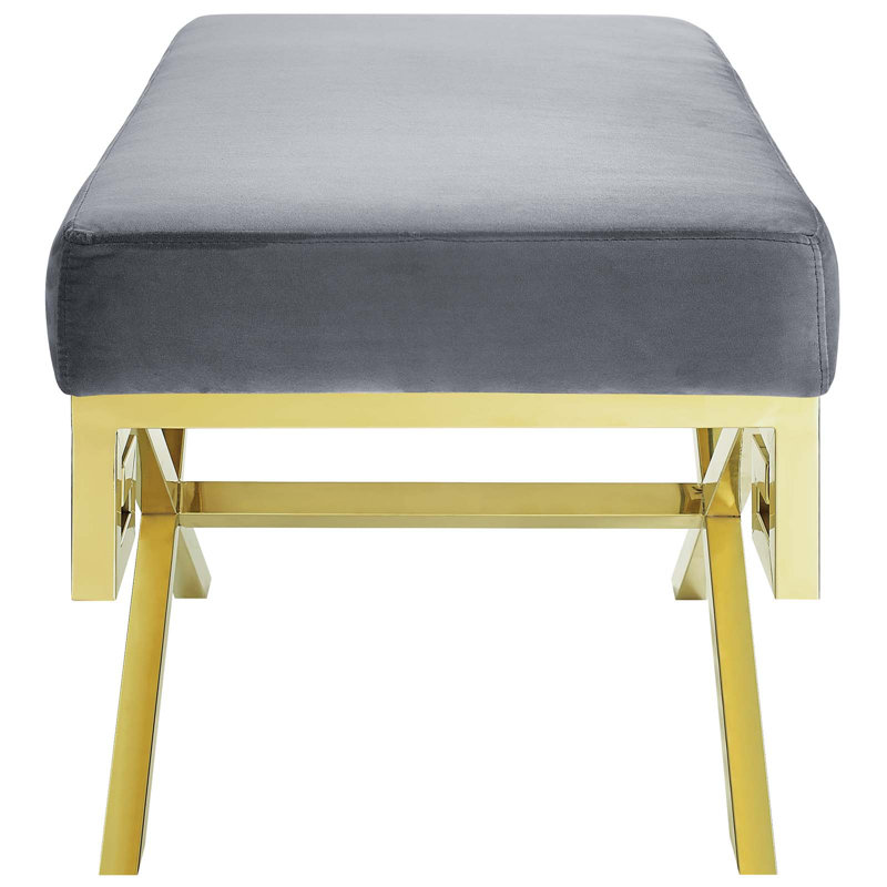 Gray Velvet Upholstered Bench with Gold Stainless Steel Base