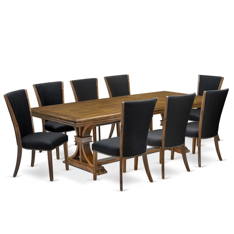 Cet ensemble de salle à manger 9 pièces comprend une table de cuisine et 8 chaises de salle à manger en tissu de lin noir avec dossier capitonné - Finition noyer antique