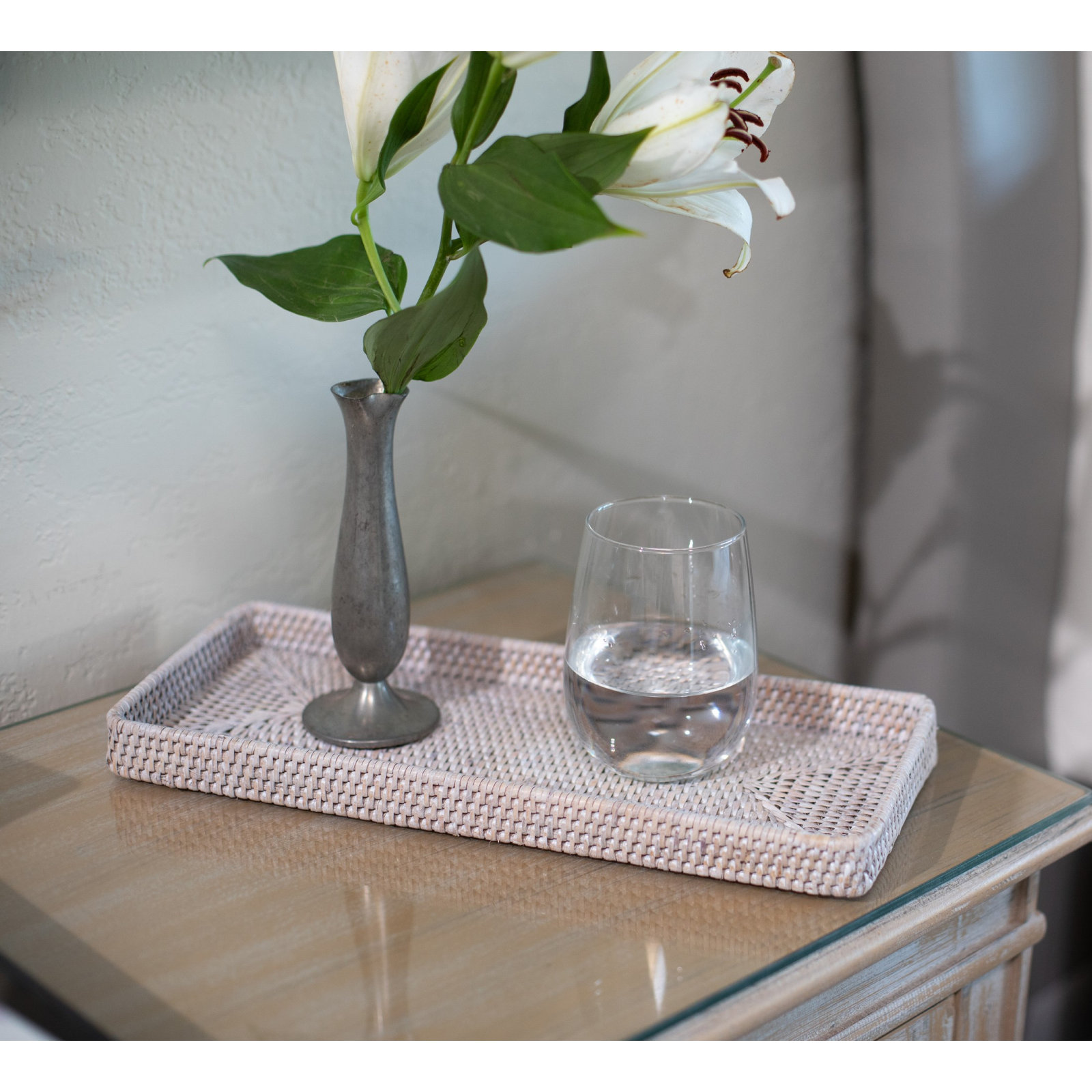 Rattan Vanity Decorative Tray, White Wash