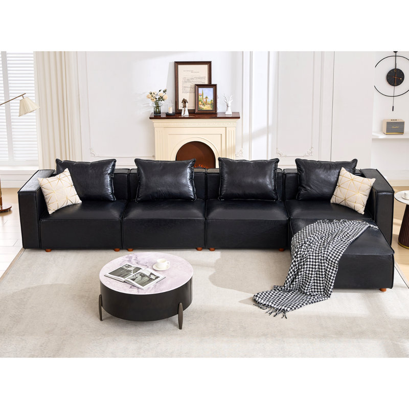 5-Piece 152.76” Wide Leather Upholstered Sectional Sofa, Black Leather
