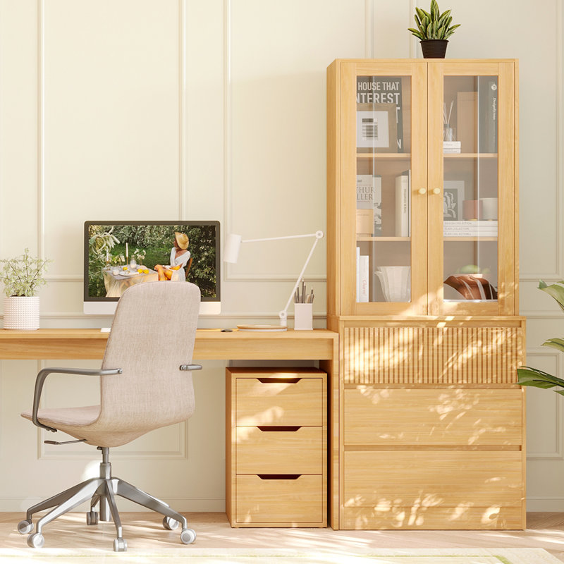 Bibliothèque de rangement en bois 71 "avec 2 portes en verre trempé et 3 grands tiroirs Branigans