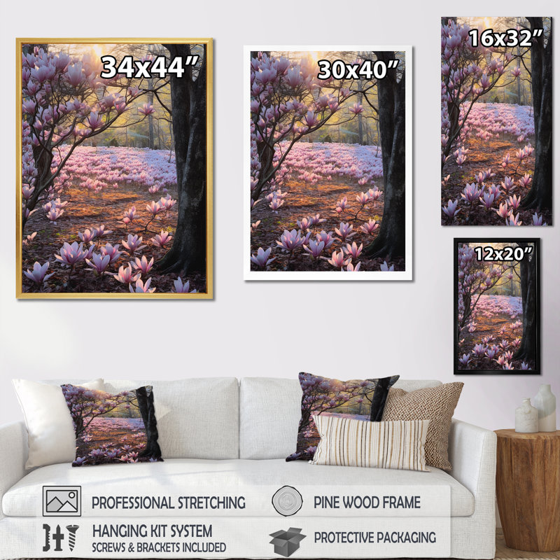 Magnolias roses, photo sur toile, Cadre simple noir, H 32 po x l 16 po x P 1 po