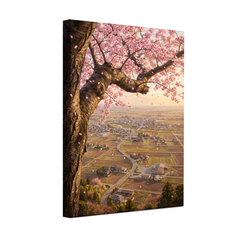 Plantes et fleurs de cerisier en fleurs sur une vue sur la campagne, H 30 po x l 20 po
