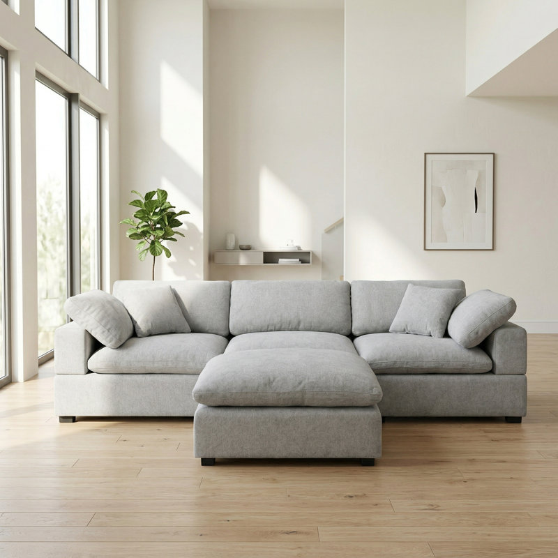 Modular Plush Chenille Extra Soft Deep Cloud Sectional U-shaped Sofa With Ottoman & Armrest Pillows, Light Gray Chenille