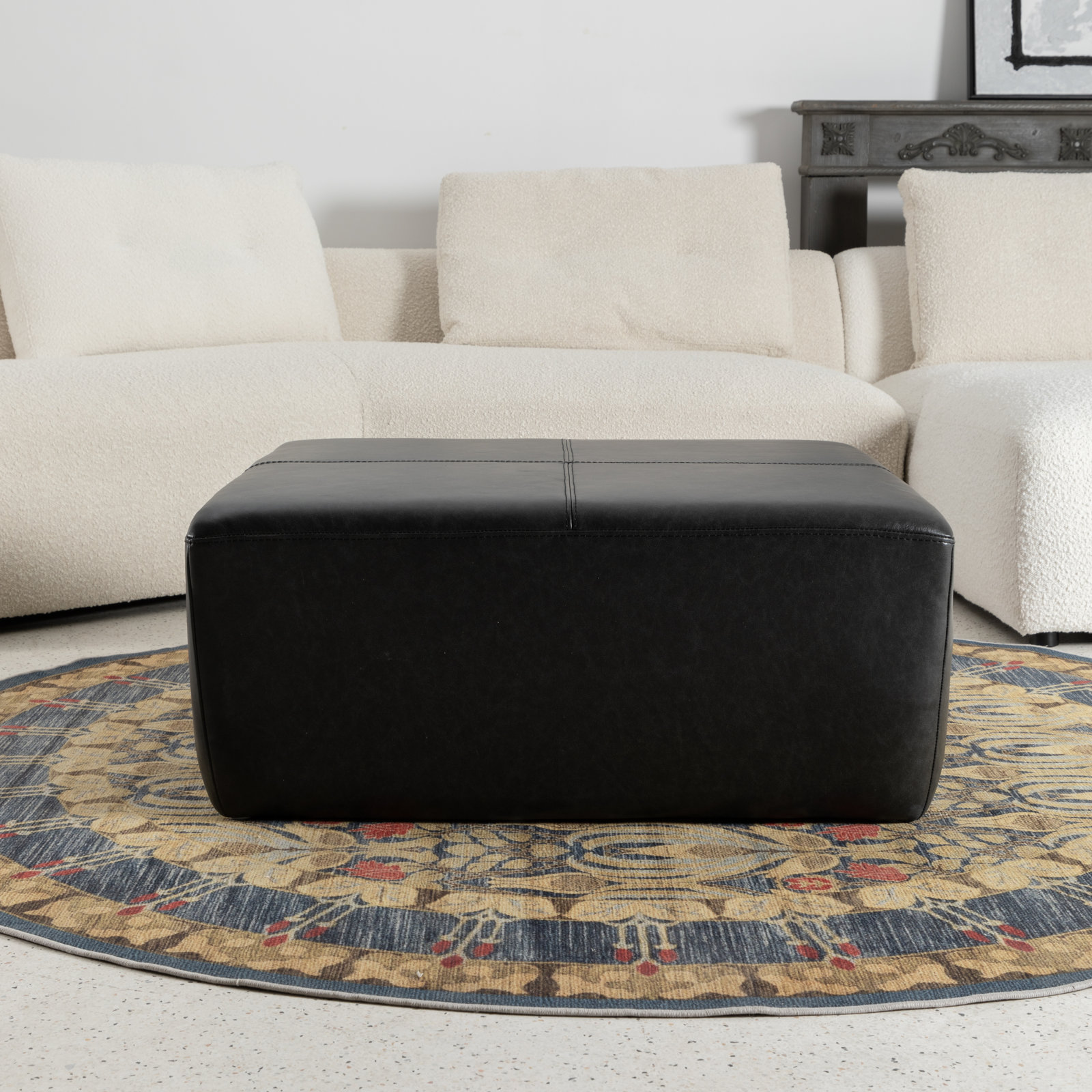  Hartwell 35" Square Genuine Leather Ottoman, Onyx Genuine Leather
