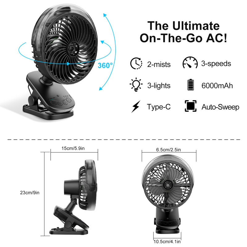 Ventilateur à pince auto-oscillant avec Mister, 6000 mAh, télécommande