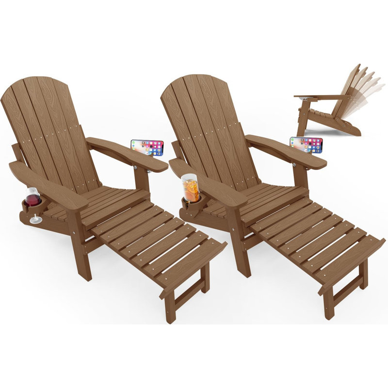 Ensemble de 2 chaises Adirondack pliantes réglables pour l'extérieur avec repose-pieds et 2 porte-gobelets pour terrasse, piscine, patio et teck