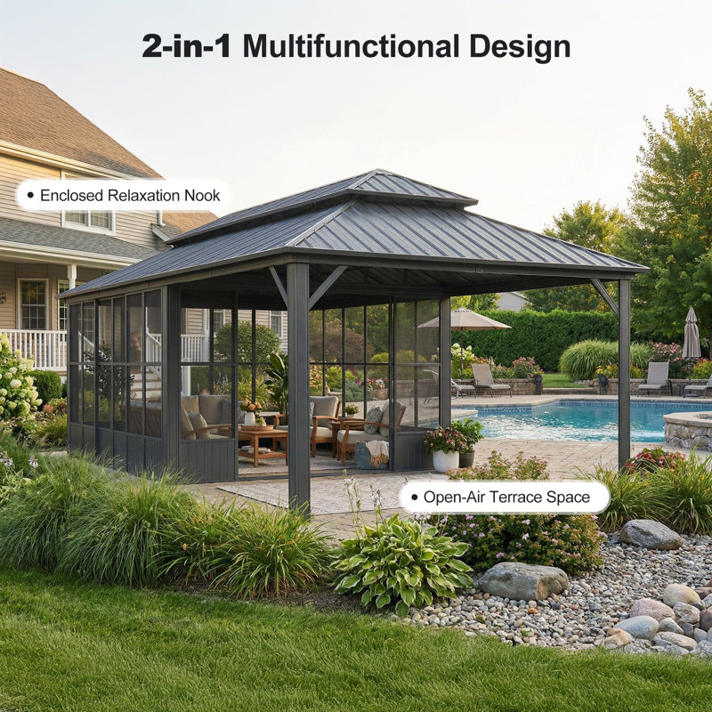 PURPLE LEAF 12'W x 24'D Double Roof Sunroom All-Weather Aluminum Hardtop Gazebo with Screen Enclosure for Backyard