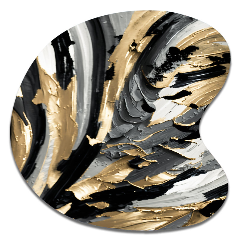 Rythme de plaisir abstrait noir et or I - art abstrait en forme de goutte en métal assymétrique, H 33 po x l 33 po