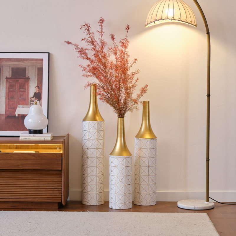 Cory-Lee Handmade Ornate Metal Floor Vase, Gilded Starry Grid, Large Tall Flower Vase(Set Of 3)