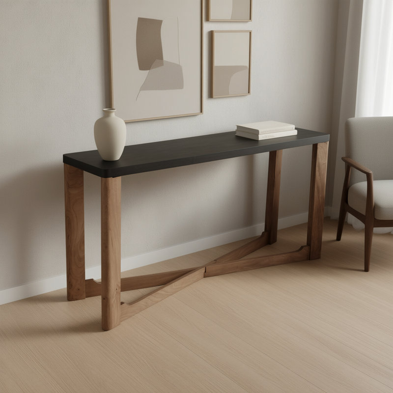 Console de style Mid-Century moderne en bois massif et placage de manguier, 58 po - Moka et noyer