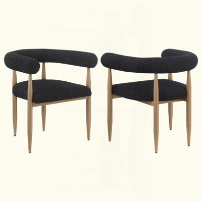 2Pc Set Modern U-Shaped Backrest Arms Dining Armchairs Black Textured Boucle Upholstered Back Dining Room Kitchen Furniture