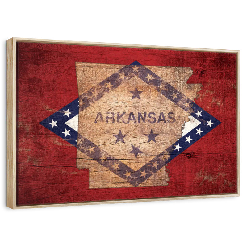 Carte d'État sur le drapeau de l'Arkansas, Cadre flottant en bois naturel, 40 po x 27 po