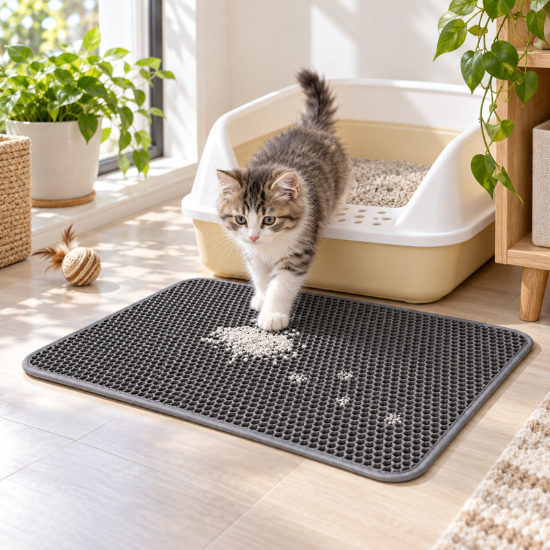 Tapis de litière imperméable et antidérapant pour chat, 59 x 37 cm, gris