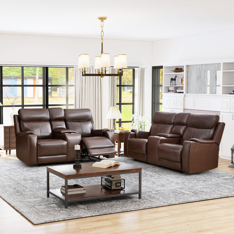 72.04" W Top Genuine Leather Power Reclining Loveseat With Adjustable Headrest, Built-In Cup Holders, Console, USB & Wireless Charging(Set Of 2)