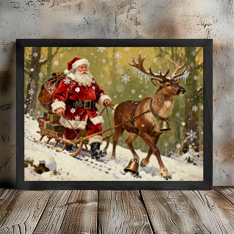 Art mural rétro noir avec père Noël et renne - impression encadrée de scène de Noël enneigée, H 11 po x l 9 po