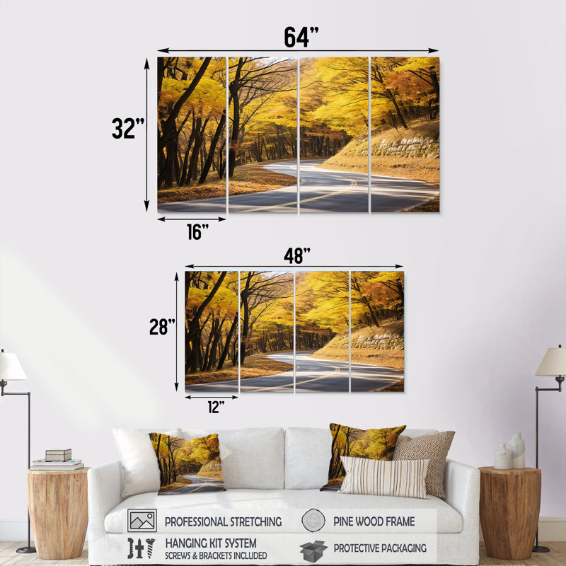Golden Road Of Autumn III - Road, ensemble de 4 décorations murales, H 28 po x l 48 po