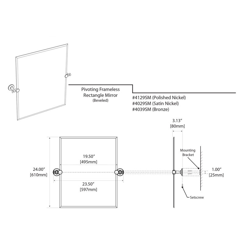 Tavern Wall Mount Frameless Rectangle Mirror | Pivoting and Beveled Bathroom Vanity Mirror, Satin Nickel, 24" H x 23.5" W