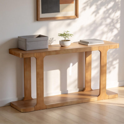 Modern Console Table with Pine Veneer, Solid Wood Legs, Entryway Sofa Table for Hallway Living Room