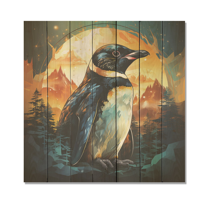 Coucher de soleil sur glace, charme pingouin II - pingouin sur bois, H 36 po x l 36 po