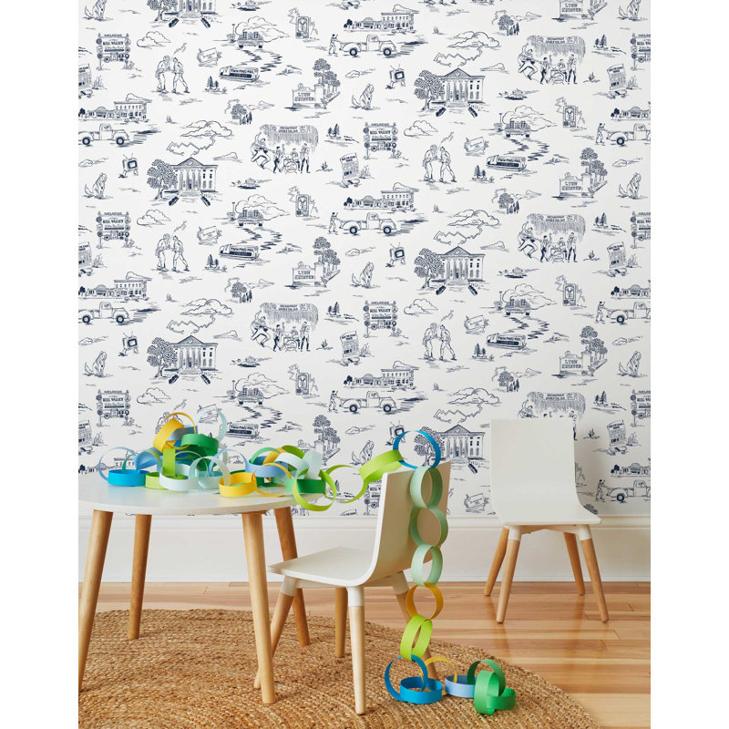 Hill Valley Toile Wallpaper | Traditional / Roll - 27" x 30', Denim