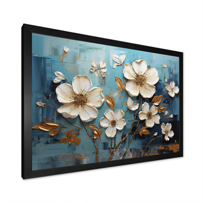 Fleurs de pavot dorées et blanches - Art mural floral abstrait