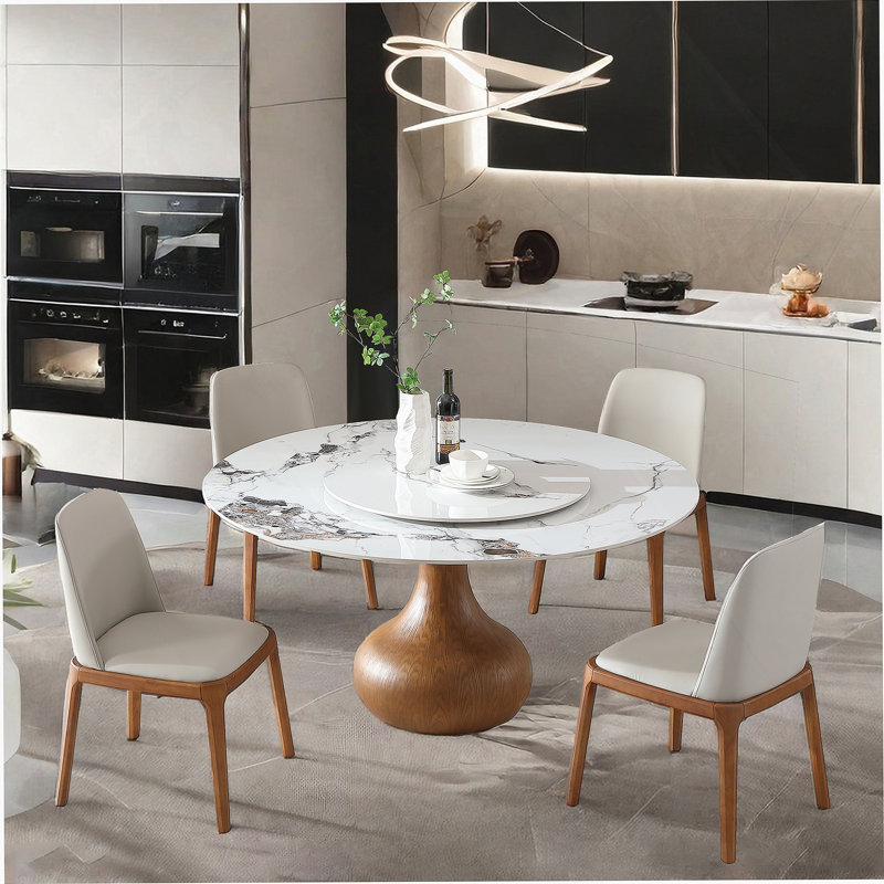 Table de salle à manger 53 po ronde en pierre frittée d'aspect marbre moderne, salle à manger, espace compact avec plateau tournant