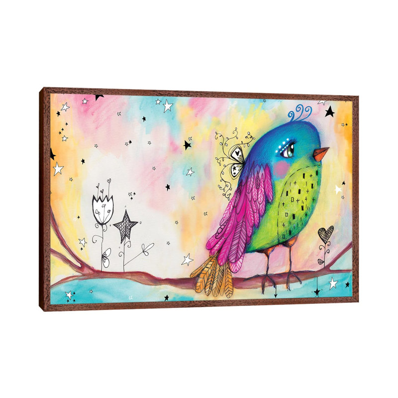Sweet Bird With Stars by Tamara Laporte - Painting on Canvas, 45.72cm H x 66.04cm W x 3.81cm D, Classic Brown Wood Framed