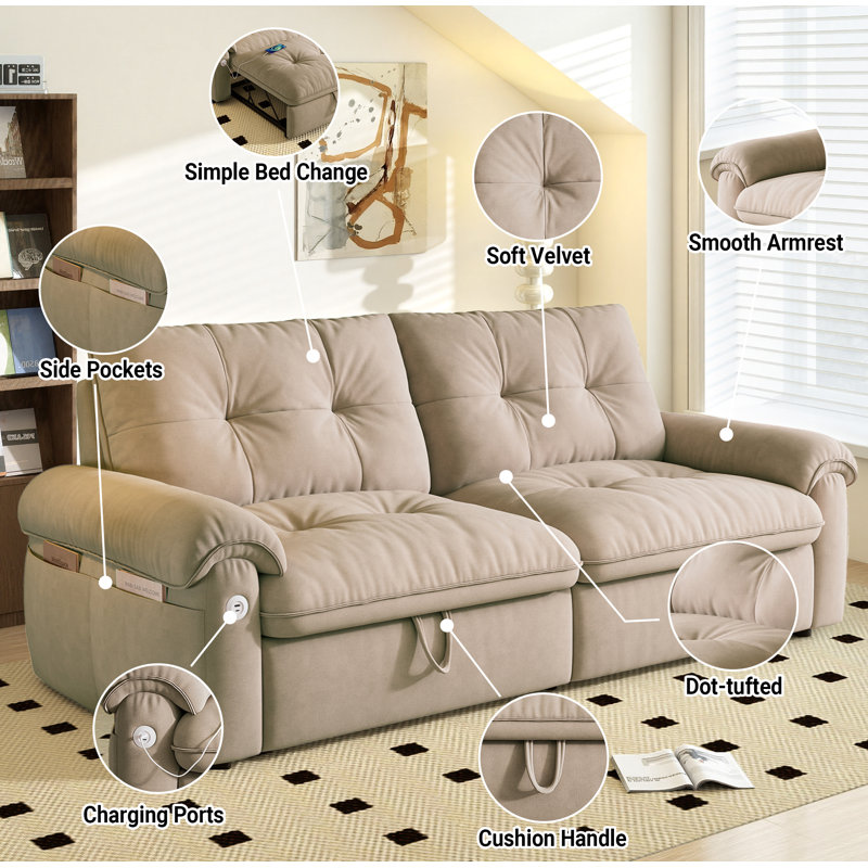Burwell 77" Brown Velvet Multi-Functional Convertible Sofa Bed with USB Charging Ports – Kid/Pet Friendly Couch Bed for Living Room, Small Spaces, Guest Room