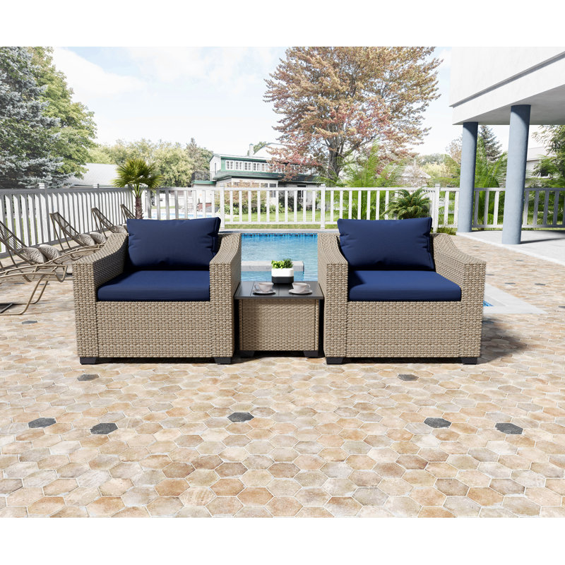 Raian Wicker 2 - Person Patio Conversation Sets with Cushions, White, Blue