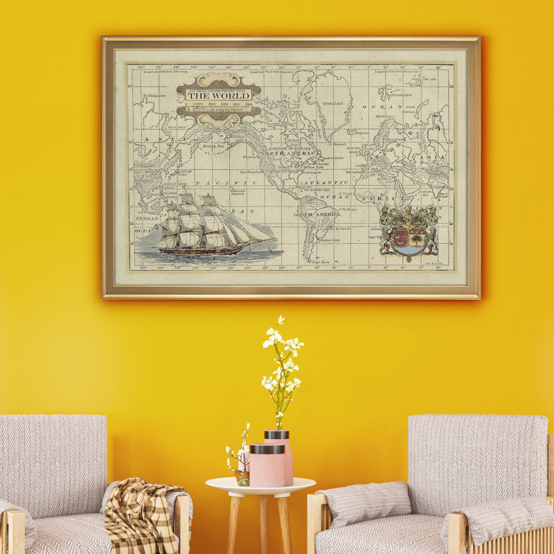 Carte antique du monde, reproduction d'art sur toile, Doré, H 18,5 po x l 24,5 po x P 1,5 po