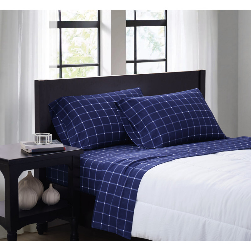 Ensemble de draps en microfibre écossais, Bleu marine/blanc, Ensemble de draps pour lit double + un drap-housse