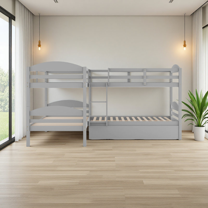 Lit simple en L avec lit gigogne, Gris