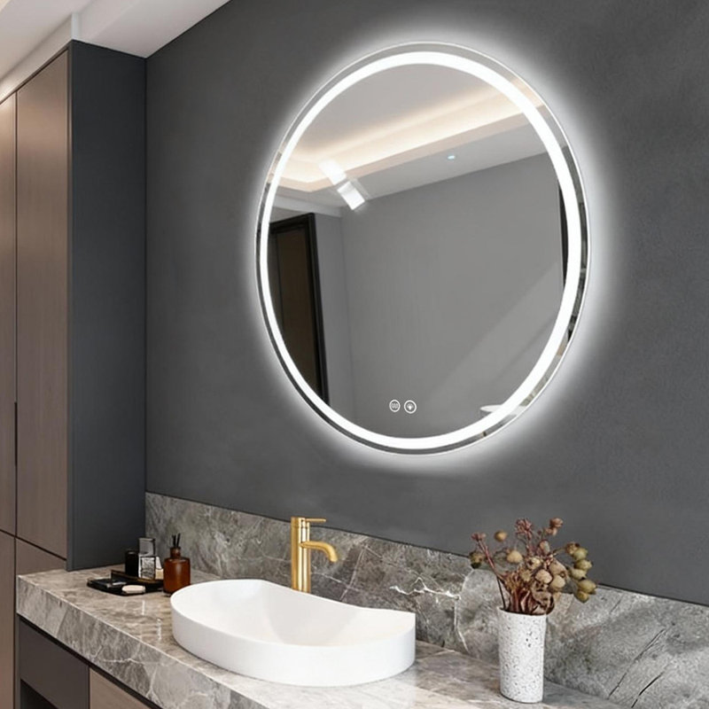 28"x28" Round Bathroom Lighted Vanity Mirror with Defogger – Wall-Mounted Vanity Mirror with Touch Control, Dimmable Lighting & Adjustable Color