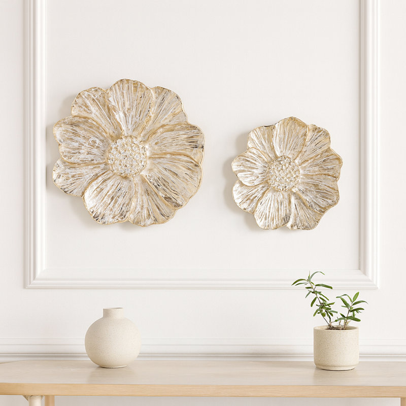 Decorative Metal Wall Art Flower Sculpture - Modern Accent For Kitchen And Home Decor - Artistic Wall Hanging Decorations - Set Of 2, 16", Gold