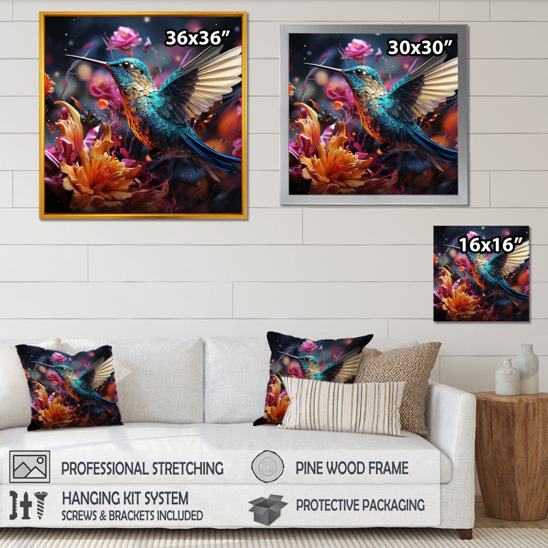 Fée bleue néotropicale Colibri III - Colibri, art mural animal, Cadre flottant brun, H 16 po x l 16 po x P 1 po