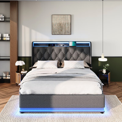 Gray Linen Full Size Upholstered Bed, 360 Led Lighting, Hydraulic Storage, -C Led, Type-C Charging