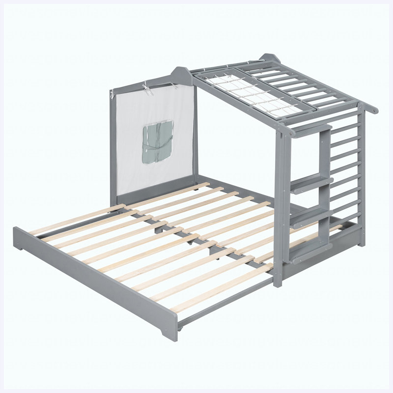 Lit simple pour enfant en forme de maison avec lit gigogne et tablettes de rangement latérales, gris