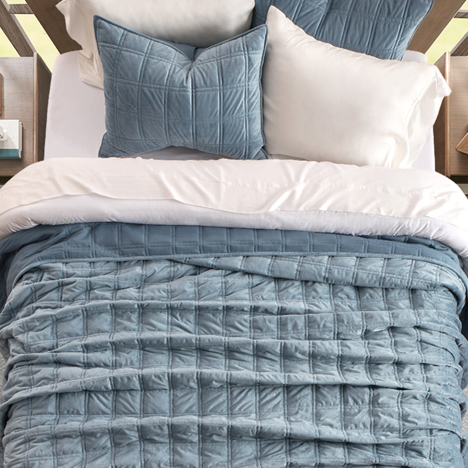 Double Box Stitch Velvet Quilt set, Queen Quilt + 2 Queen Shams, Terracotta Clay