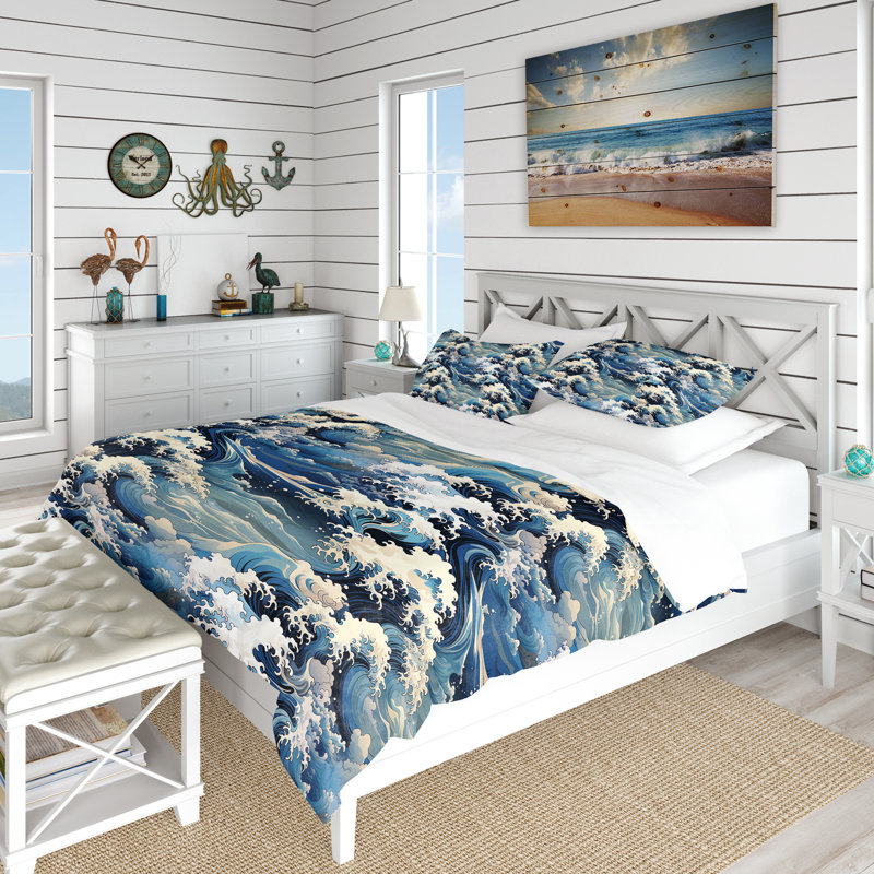 Ensemble de housse de couette Hokusai Waves, Housse de couette pour très grand lit et 2 très
