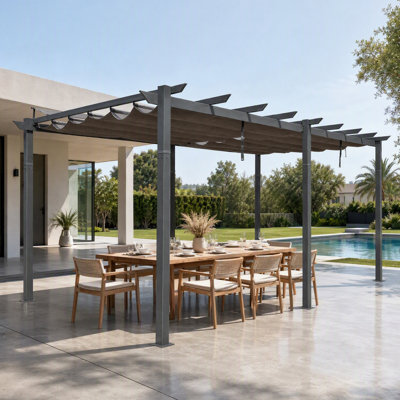 Pergola rétractable d'extérieur 3 m x 3 m avec toile réglable, structure en aluminium et tissu résistant aux intempéries, idéale pour terrasse, patio et jardin.