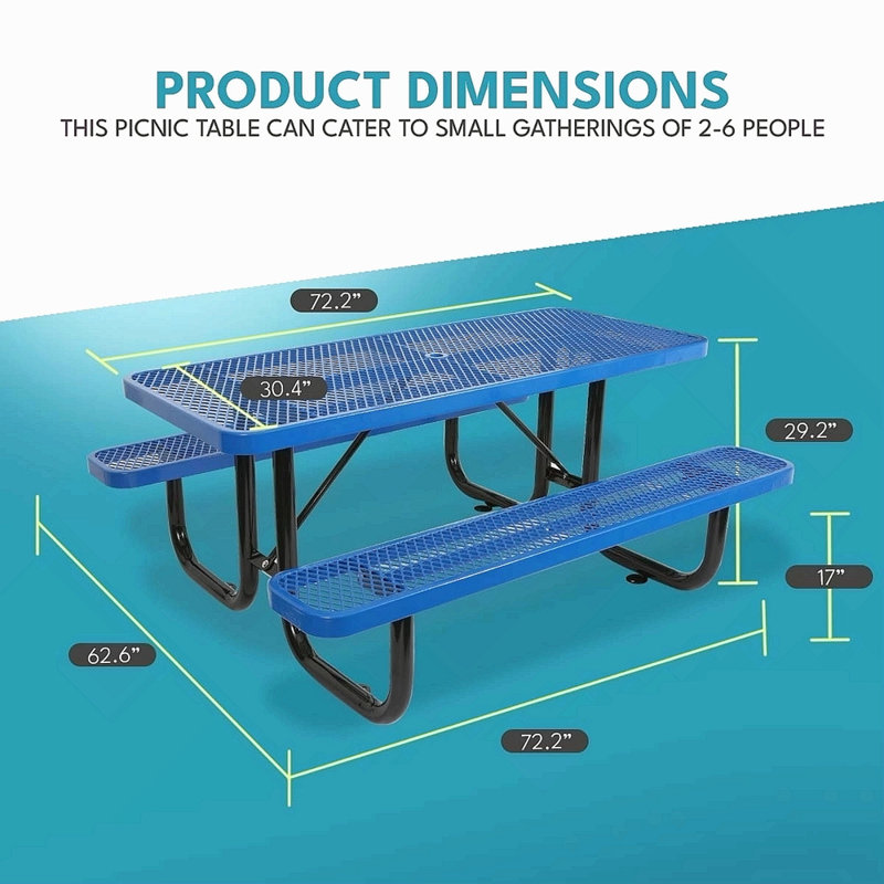 6 pi Table de pique-nique rectangulaire en acier pour l'extérieur, Blue