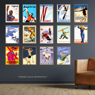 Collection Of Vintage Winter Skiing Ski Adverts 14-Piece Set Unframed Wall Art Prints Bathroom Bedroom Aesthetic Austria Italy France Norway