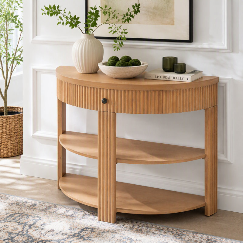 Console cannelée demi-lune avec tiroir et tablettes, Naturel
