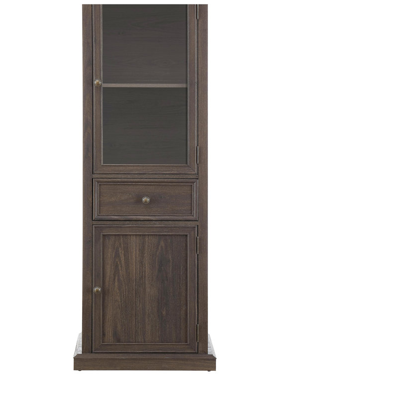 Bibliothèque moderne avec portes et tablettes en verre, armoire-buffet autoportante polyvalente avec tiroir, Brun