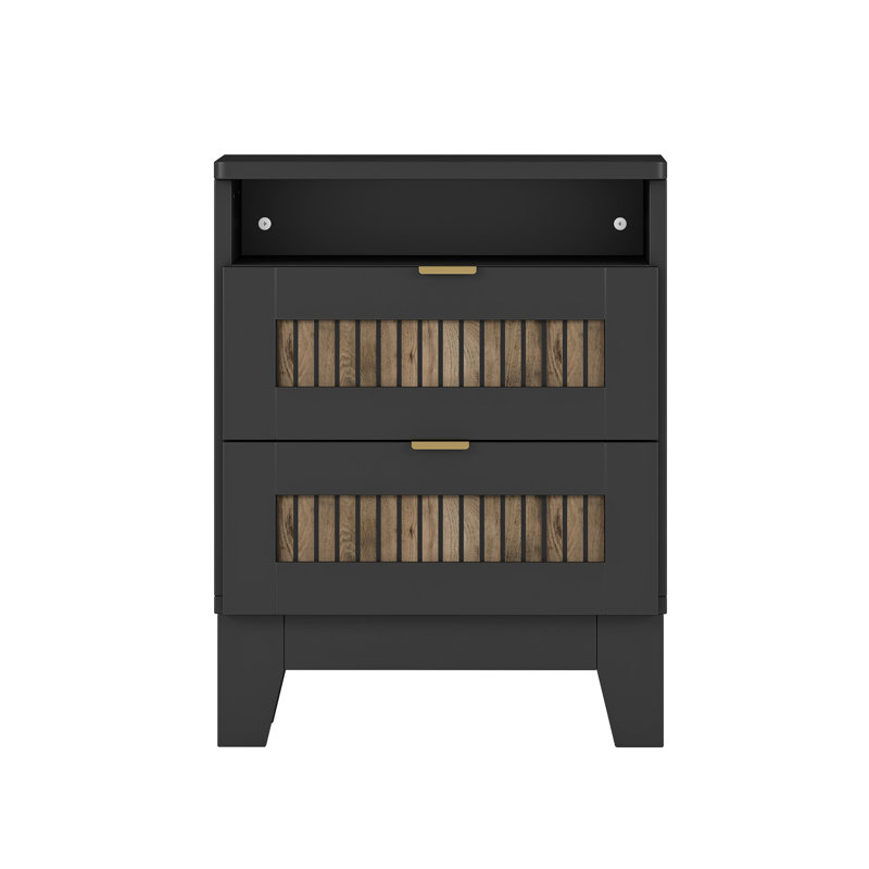 Table de chevet noire en bois 2 avec poignée et bande en métal, table de chevet de rangement solide et gracieuse