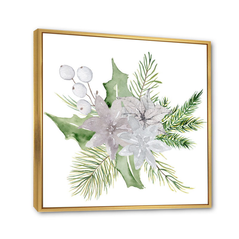 Bouquet de Noël floral avec coton, branches I - reproduction d'art sur toile traditionnelle, H 16 po x l 16 po