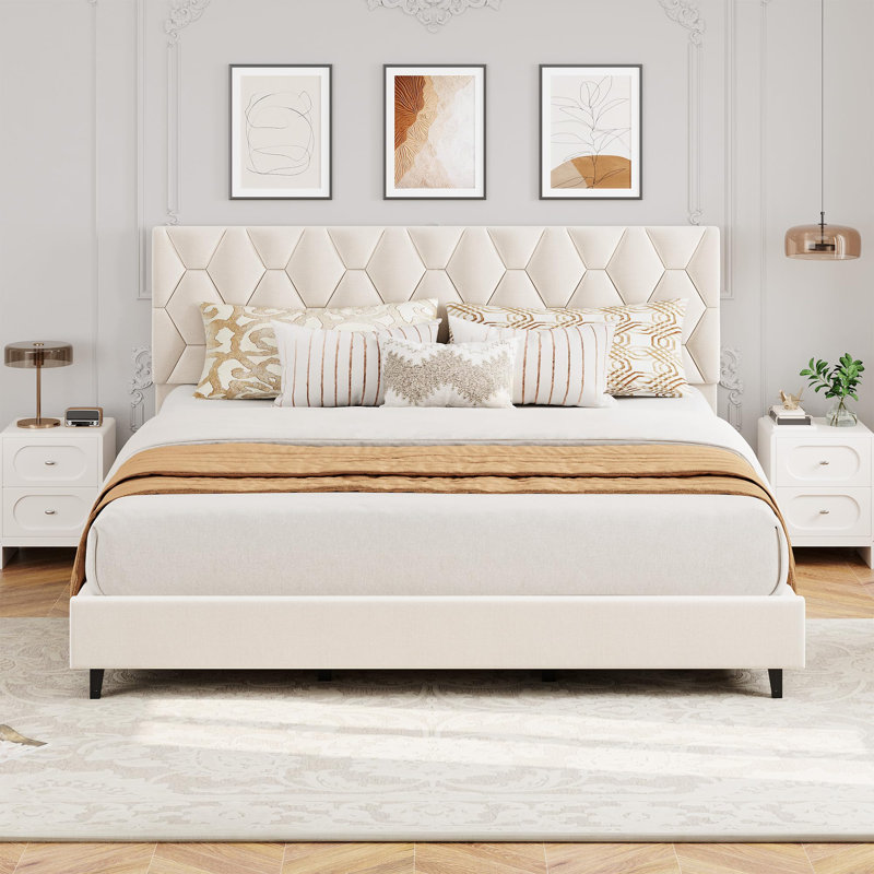 King Size Upholstered Platform Bed – Headboard with Wooden Slats, No Box Spring Needed, Easy Assembly, Gray, King