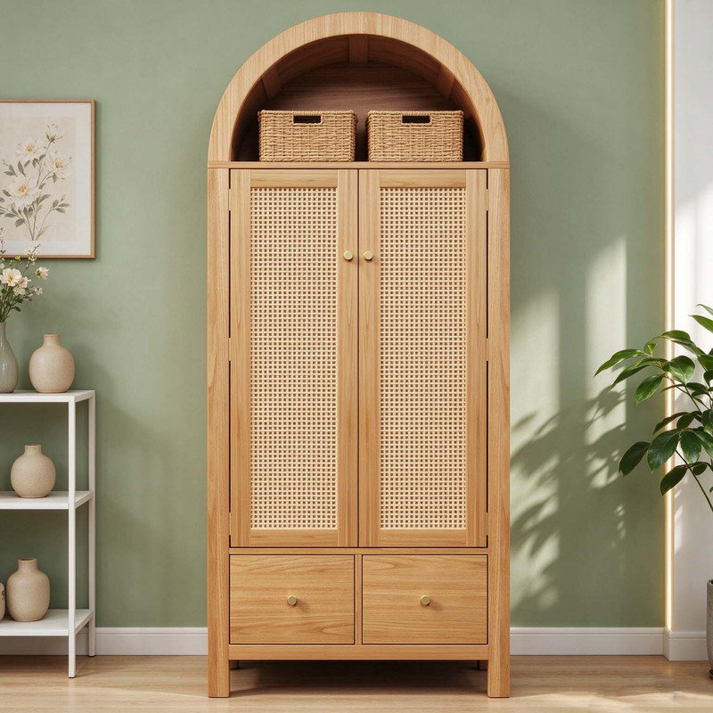 Arched Top Rattan Wardrobe, 2-Door Armoire with Magnetic Closures, Features Hanging Rail, 2 Drawers and Anti-Tip Hardware, L78 x D45 x H181 cm, Oak Finish